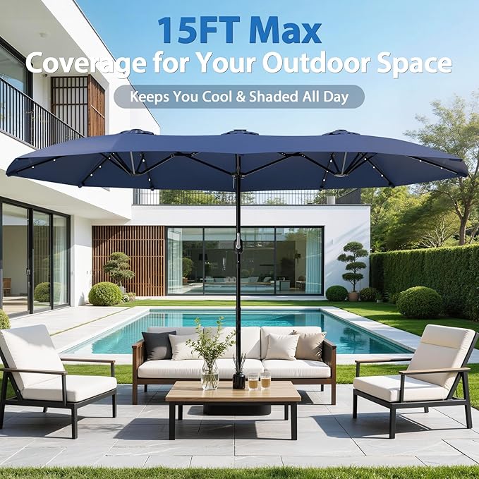 HOPERAN 15FT Patio Umbrella with Base Included, Large Outdoor Double-Sided Rectangle Table Umbrella with Easy Crank Lift, Market Umbrella for Backyard, Pool&Garden