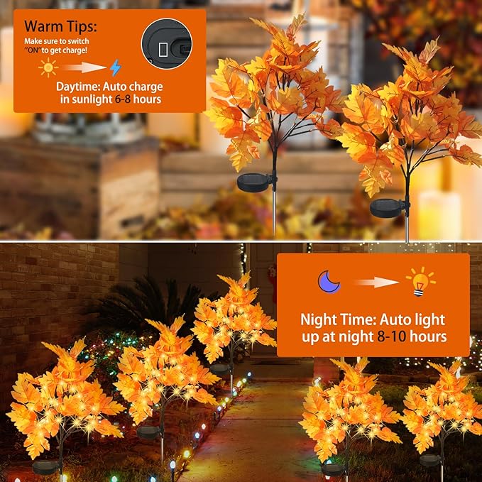 2 Packs Solar Prelit Fall Tree Lights for Outdoor Thanksgiving Decorations, 2 Modes Thanksgiving Solar Lights, Waterproof Maple Tree Solar Fall Lights for Fall Yard Patio Garden