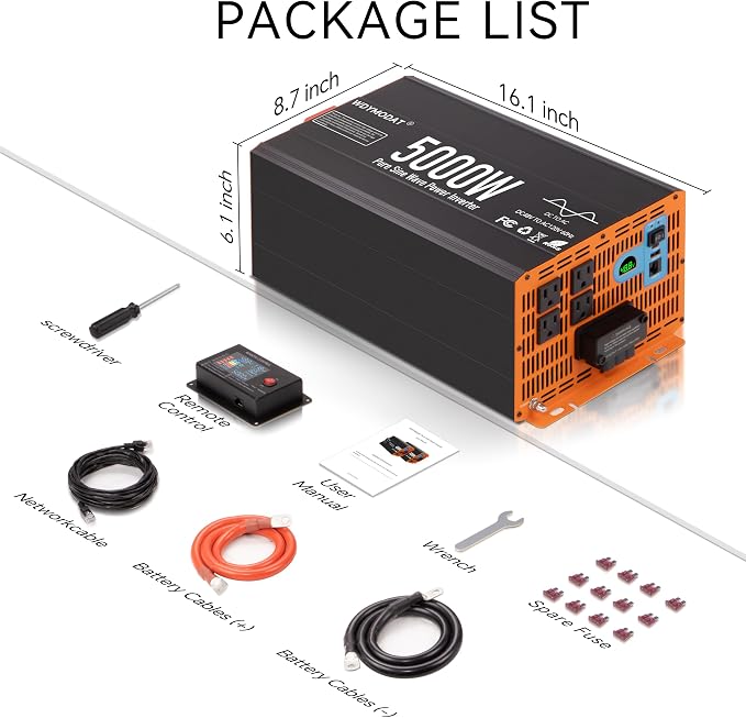 5000W Pure Sine Wave Inverter,48V DC to 120V AC Car Power Inverter 10000W Peak with 4 AC Outlets, 3.0A USB and Type-C, LCD Display 16.5 ft Remote Control for RV Truck Travel Solar Emergency