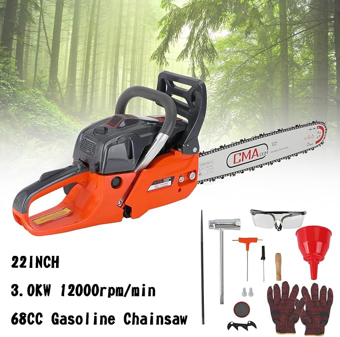 Topteng Gas Chainsaw 22 Inch 68cc, Chainsaw Gas Powered Cutting Wood Gas Sawing Aluminum Crankcase Chain Saw 22"