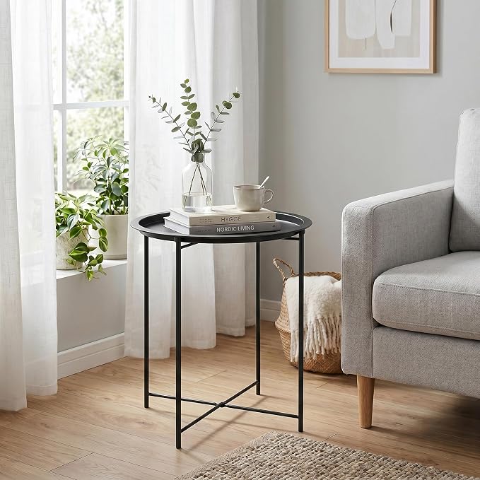 VECELO Side/End Table, Folding Round Metal Anti-Rust and Waterproof Outdoor or Indoor Tray for Living Room Bedroom Balcony and Office, 1 PCS, Black