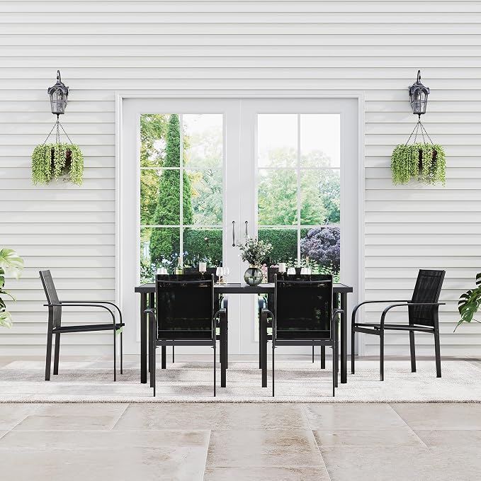 Garvee 7 Piece Patio Dining Set, Outdoor Furniture with 55" Rectangular Iron Table & 6 Textilene Chairs, All Weather Wood-Grain Finish, Suitable for Backyard, Garden, Poolside