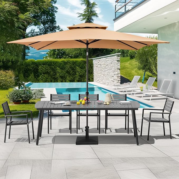 Outdoor Dining Table for 8, 82" Patio Table | Grey Rectangle Table with Aluminum Frame and Waterproof Wood Grain Tabletop for Lawn Backyard Garden Poolside