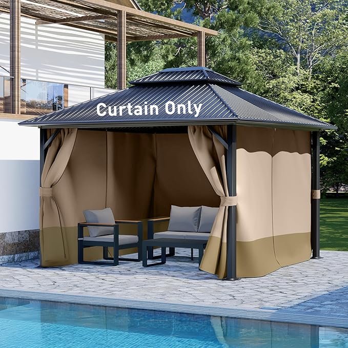 Aoodor 10x10 ft Outdoor Gazebo Curtains, 4 Panels Waterproof Privacy Sidewall Replacement with Zipper for Patio Pergola and Canopy, Sand Yellow and Khaki