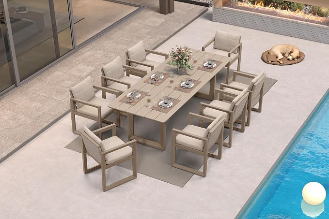 PURPLE LEAF Outdoor Dining Set for 8 Aluminum Luxury Patio Furniture Table and Chairs Set with All Weather Thick Cushion Rectangular Patio Dining Sets for Large Backyard Garden Poolside, Khaki