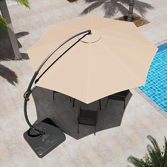 LAUSAINT HOME 12ft Patio Cantilever Umbrella with Base Included, Outdoor Curvy Round Offset Umbrella, Heavy Duty Aluminum, 360° Rotation for Pool, Deck, Lawn, Backyard (Upgraded Sunbrella Fabric Beige)