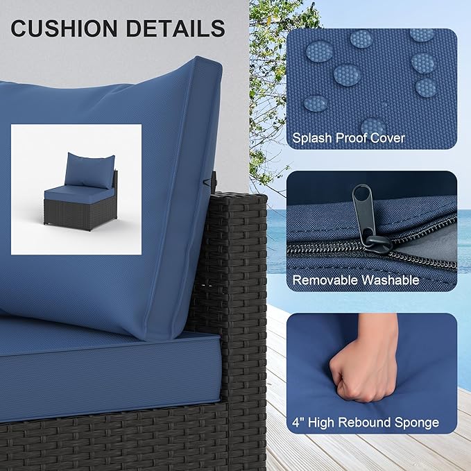Patio Furniture Set, 5PCS Outdoor Sectional with Ottoman Wicker Rattan Patio Couch with Thickened Cushion Modular Wicker Patio Conversation Set with Glass Top Table for Balcony, Backyard (Navy Blue)