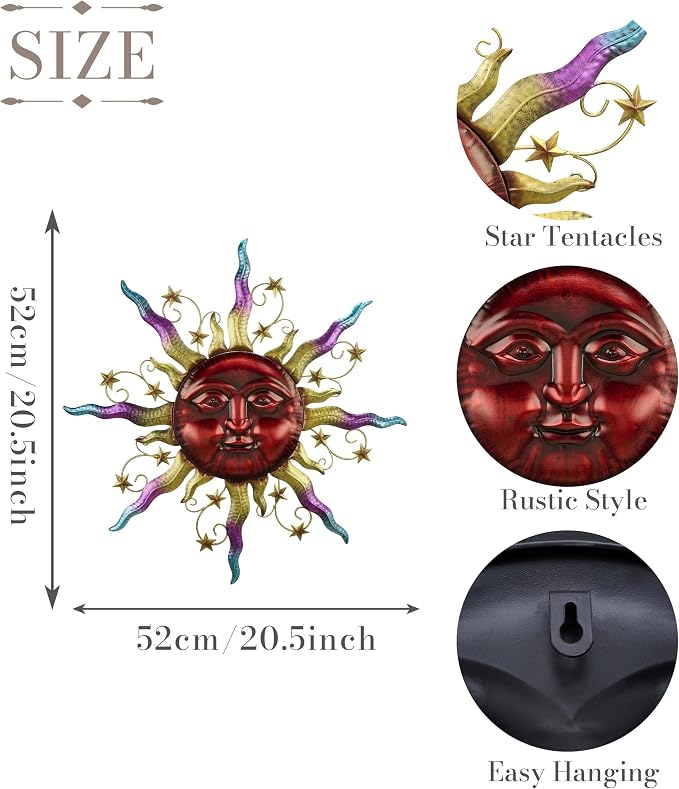 TERESA'S COLLECTIONS Outdoor Sun Metal Wall Art for Outdoor Decor,21" Red Sun Face 3D Wall Decor for Garden Decor,Rustic Retro Hanging Sculpture for Outside indoor Home Patio Farmhouse Gifts for Mom