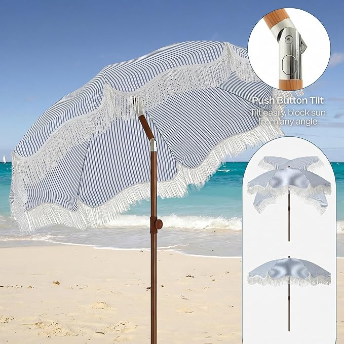 7FT Patio Umbrella with Fringe, Outdoor Tassel Umbrella with Fiberglass Ribs, Boho Beach Umbrella, Push Button Tilt and Carrying Bag, UPF50+