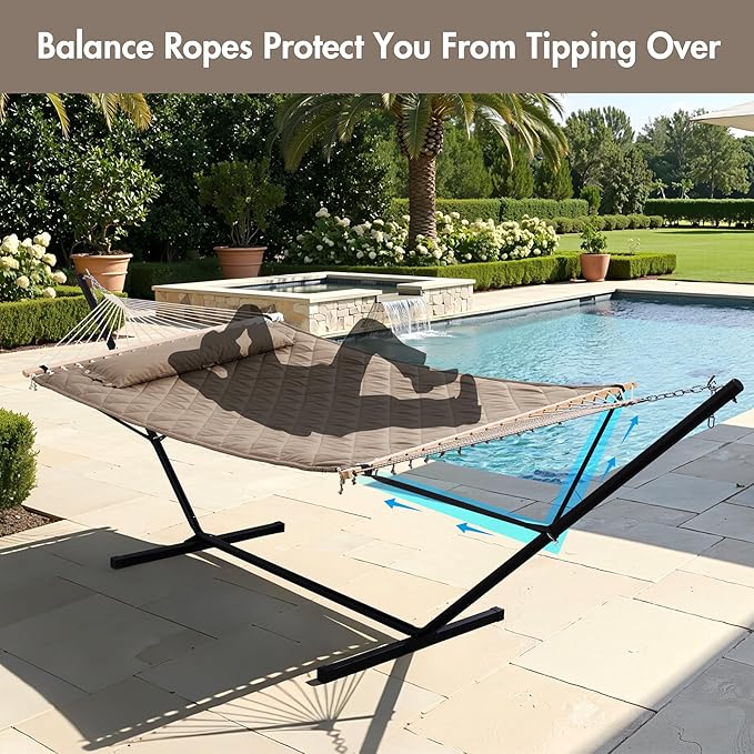 ANOW 2 Person Hammock with 12FT Stand, Heavy Duty Hammock with Stand for Outdoors, 450 LBS Weight Capacity, Light Brown