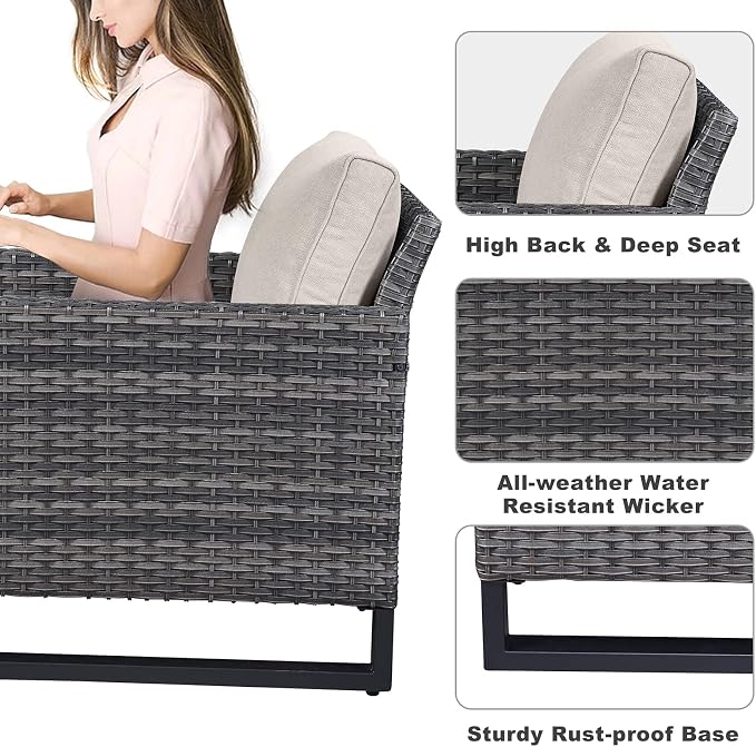 Belord Oversize Patio Chairs Set of 2 Outdoor Wicker Dining Chairs, All-Weather Rattan Patio Club Chair Furniture Sets with Water-Resistant Cushion Anti-Rust Frame Beige