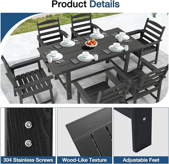 MELLCOM 7 Pieces Patio Dining Table Sets, Outdoor HDPE Dining Furniture Set with Umbrella Hole Table and 6 Chairs for Deck, Garden, Backyard