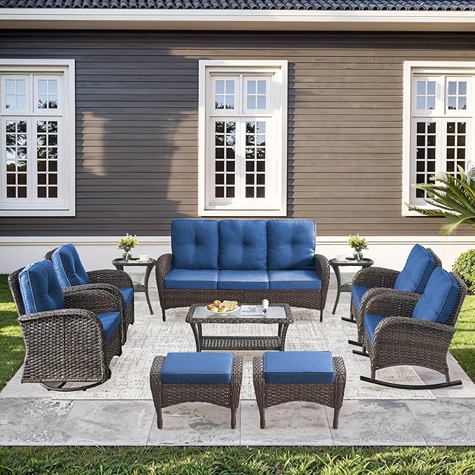 10-Piece Furniture Set-Patio Rocking Chairs Set of 4 Outdoor Rattan Sofa Sets with Coffee Table Outdoor Patio Furniture Sets for Deck Porch Garden Balcony Poolside-Brown/Blue