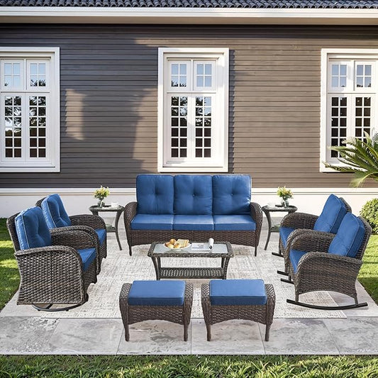 10-Piece Furniture Set-Patio Rocking Chairs Set of 4 Outdoor Rattan Sofa Sets with Coffee Table Outdoor Patio Furniture Sets for Deck Porch Garden Balcony Poolside-Brown/Blue