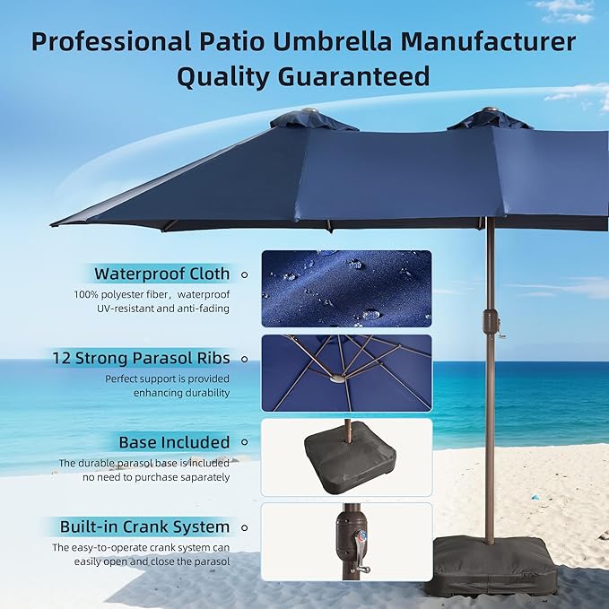 15Ft Patio Umbrella - Large Beach Umbrella W 12 Sturdy Ribs,UPF50 Outdoor Table Umbrella,Picnic Market Umbrella W Base Crank Handle for Pool,Yard,Garden