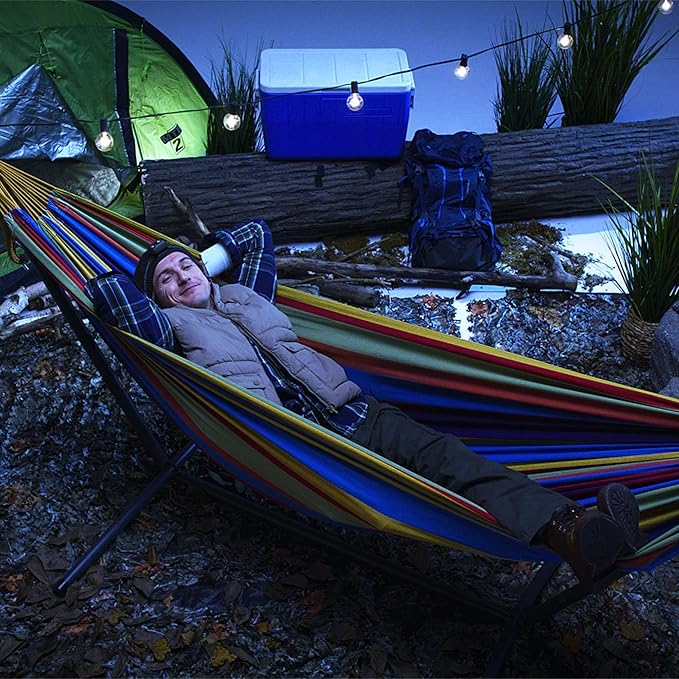 Vivere Double Cotton Hammock with Space Saving Steel Stand, Upgraded Polyester End Strings 450 lb Capacity - Premium Carry Bag Included - (Tropical)