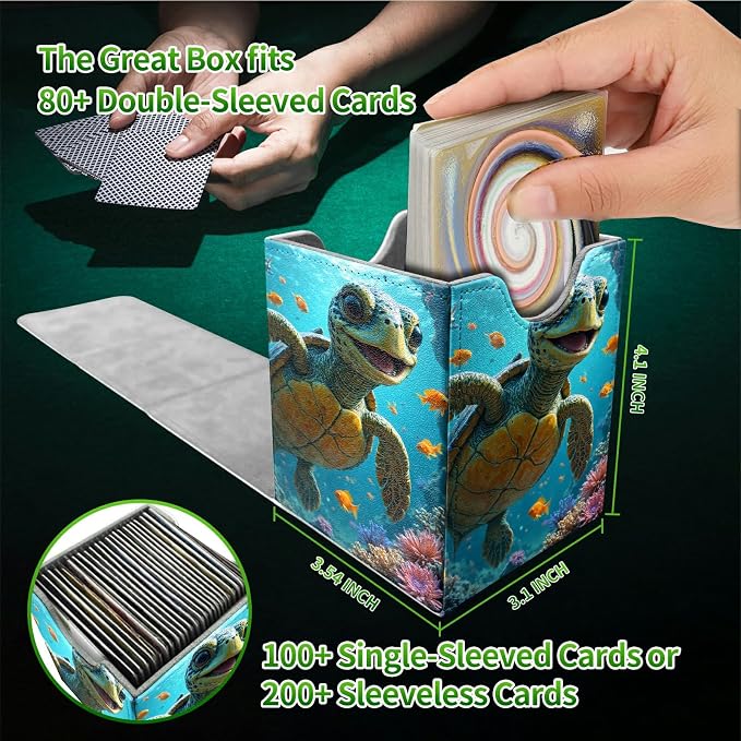 Baby Sea Turtle Card Deck Box for MTG, Personalized Card Storage Case Fits 120+ Sleeved Cards, Premium Leather TCG Box with Strong Magnetic Closure for Magic, CCG, PTCG, Baseball Cards