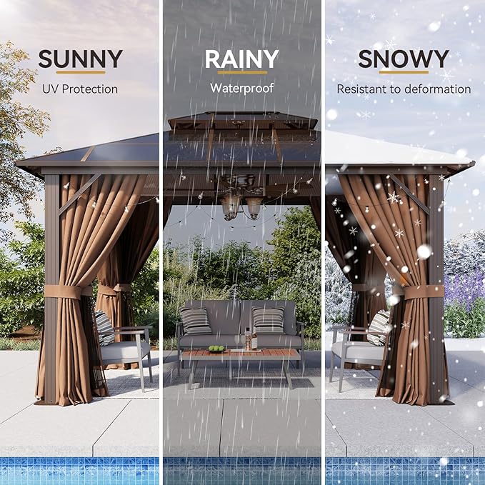 Aoxun 10'x12' Hardtop Gazebo, Outdoor Metal Gazebo with Double Polycarbonate Roof Canopy, Permanent Pavilion with Netting and Curtains for Lawn, Garden, Patio (Khaki)