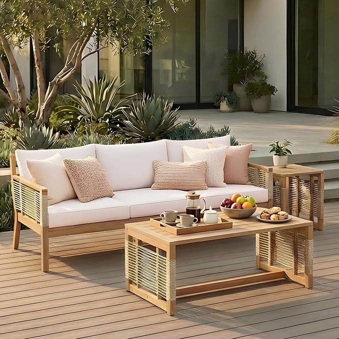 3-Piece Patio Conversation Set, All Weather Acacia Wood 3-Seater Sofa with Cushions, 2 Coffee Tables and Woven Rope Accents, Outdoor Furniture Set for Garden, Backyard, Poolside