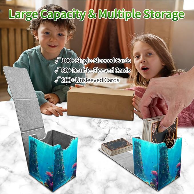 Underwater Castle Card Deck Box for MTG, Personalized Card Storage Case Fits 120+ Sleeved Cards, Premium Leather TCG Box with Strong Magnetic Closure for Magic, CCG, PTCG, Baseball Cards