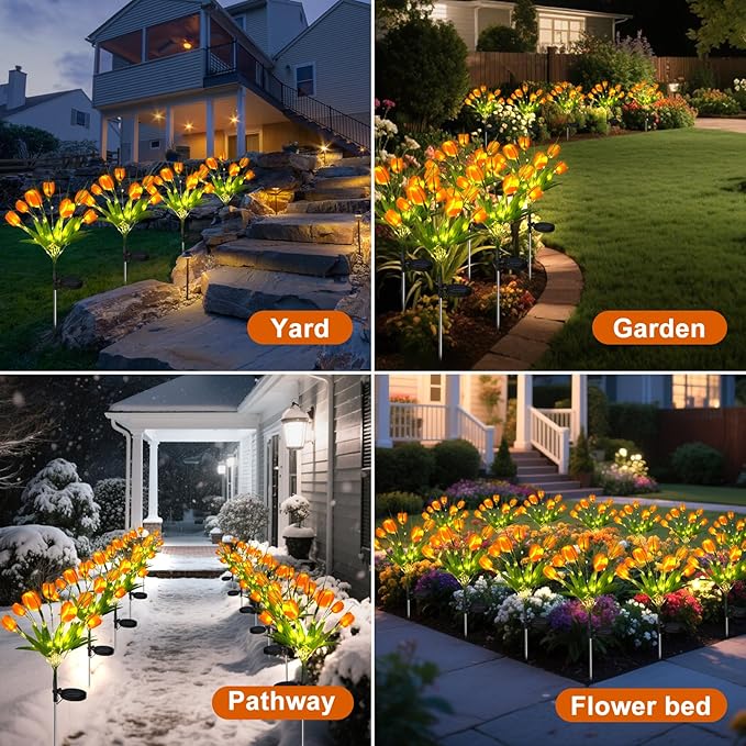 Aolyty Solar Garden Lights Outdoor, Solar Tulip Lights 2 Pack with 14 Tulip Flowers, IP65 Waterproof LED Stake Light for Pathway Patio Yard Landscape Decorative (Orange)