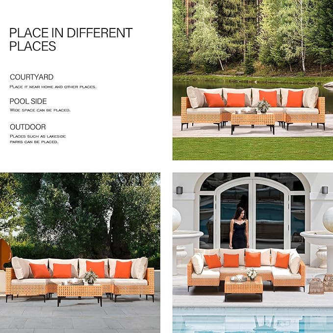 3 Piece Outdoor Patio Furniture Set Modular Outdoor Furniture Set Wicker Outdoor Sectional Sofa with Cushions and Tea Table Patio Set for Balcony Porch Deck Yard (Salmon&Orange Wicker, Sand Cushion)