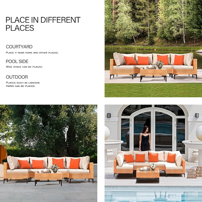 12 Piece Modular Outdoor Furniture Set - Wicker Sectional Sofa With Table for Patio, Balcony, Porch, Deck, Yard (Salmon&Orange Wicker, Sand Cushion)