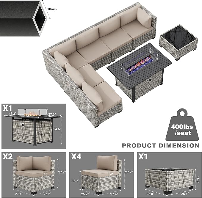8-Piece Modern Patio Conversation Set with 55,000 BTU Fire Pit Table, Thick Cushions, Dual-Strand Wicker Rattan, Rust-Resistant Frame, Khaki