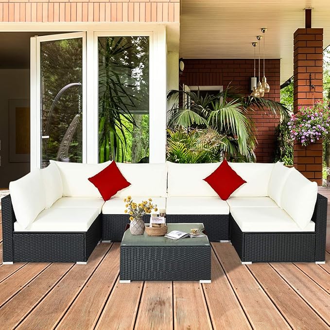 Tangkula 7 Piece Patio Furniture Set, Outdoor Sectional Sofa with 2 Pillows and Cushion Covers, Wicker Sofa Conversation Set with Coffee Table & Tempered Glass Top (Off White & Navy)