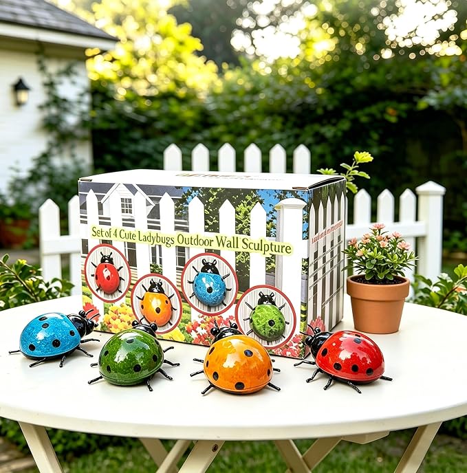 Metal Garden Wall Art Decorative Set of 4 Cute Ladybugs Outdoor Wall Sculptures