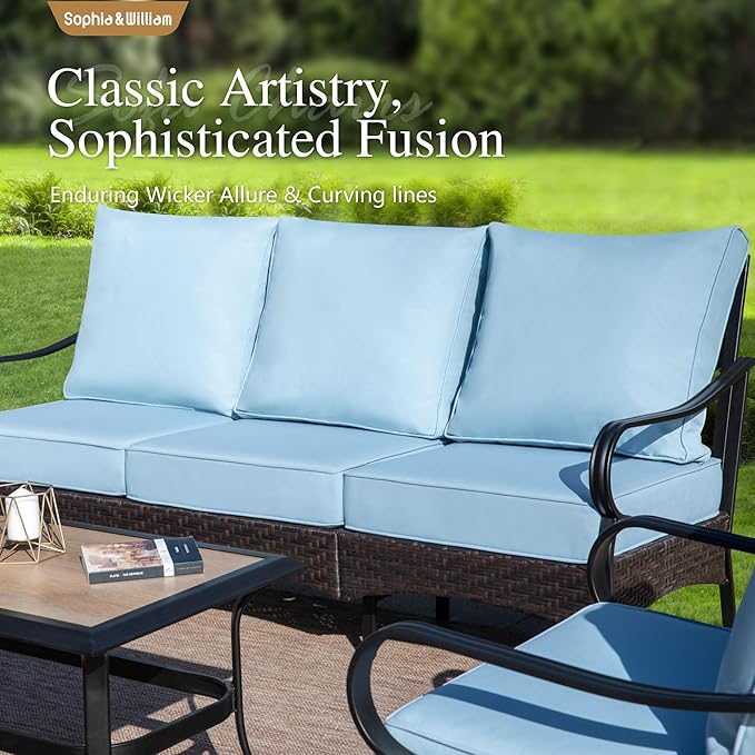 Sophia & William Patio Furniture Set, 5 Piece Metal Outdoor Conversation Set with 3-Seater Outdoor Couch, 2 Sofa Chairs, 1 Loveseat,1 Coffee Table for Outdoor Seating, Backyard, Porch(Blue)