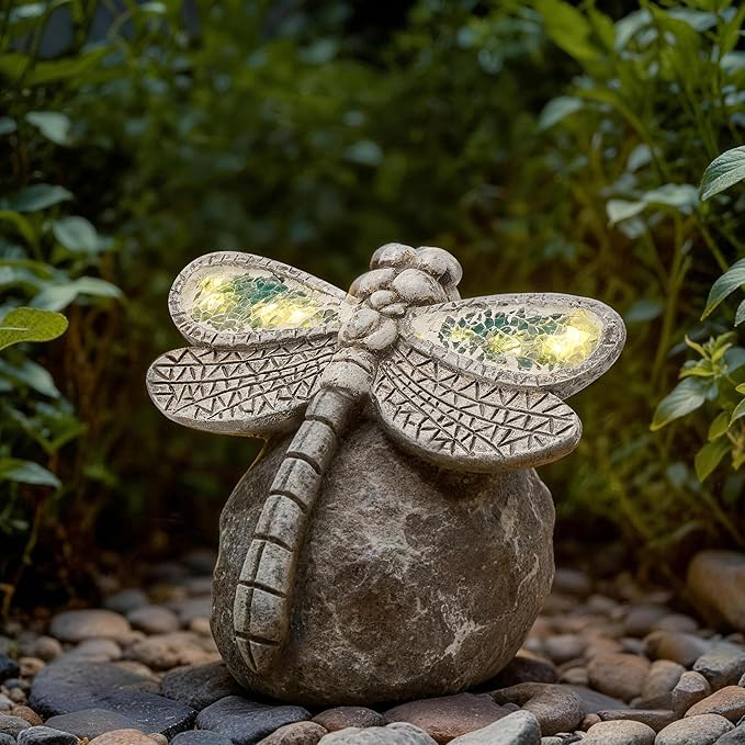 KARTOOSH Solar Garden Statue Dragonfly, Outdoor Decor Resin Dragonfly Light Statues for Yard, Patio, Lawn, Porch, Balcony Ornament, Garden Gift for Women Mom Grandma