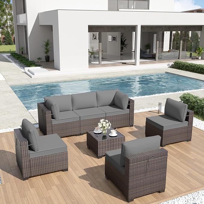 ALAULM 7 Pieces Patio Furniture Set Wicker Patio Conversation Set, Outdoor Sectional Furniture w/Coffee Table & Washable Seat Cushions-Grey