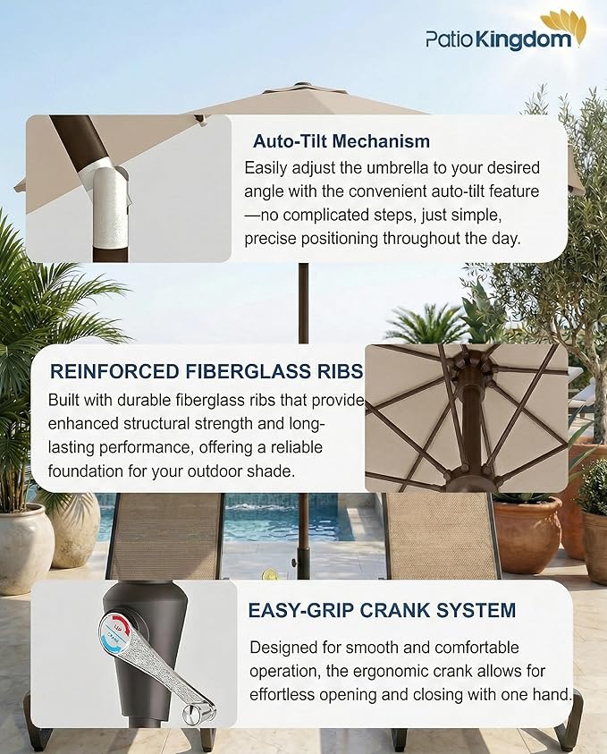 PatioKingdom Auto-Tilt 9FT Patio Umbrella Outdoor with 8 Sturdy Fiberglass Ribs,Market Table Umbrella for Pool,Backyard,Deck and Garden