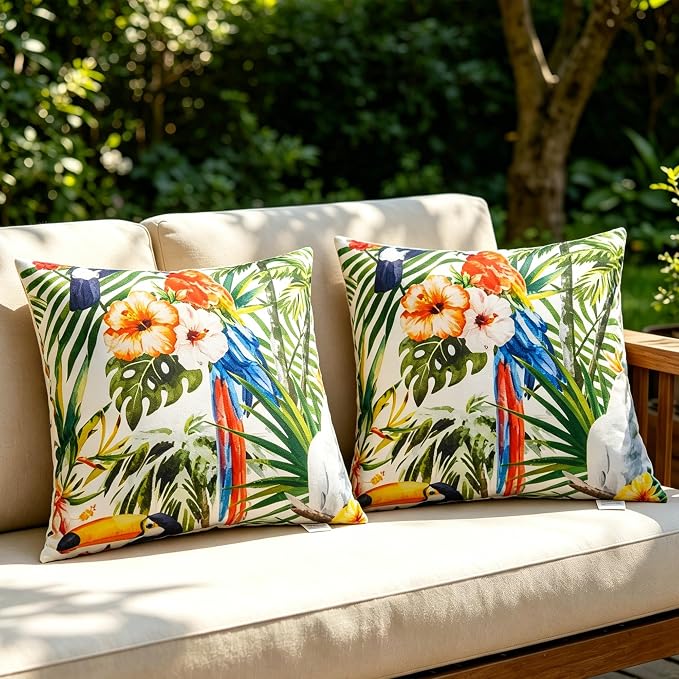 Outdoor Pillows 2-Pack, Waterproof Fade-Resistant (Palm Leaves, 18x18) | Zippered removable covers easy cleaning, premium PP cotton fill resilient comfort, multiple color options, reinforced edges