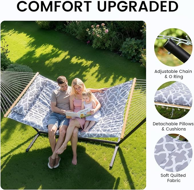 Double Hammock with Stand – Portable Cotton Rope Hammock with Removable Quilted Pad & Pillow, Adjustable Steel Frame for Patio, Backyard, Garden, Park, Camping & Outdoor Relaxation – White Gray