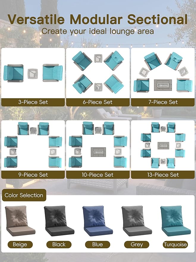 10-Piece Outdoor Conversation Set with 43" Fire Pit Table, 6 Swivel Rocking Chairs (4" Cushions) & 3 Side Tables, All-Weather PE Rattan & Steel Frame for Porch, Deck, Backyard, Turquoise