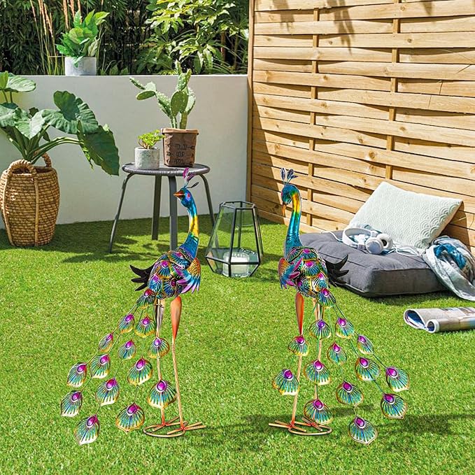 XONOR Metal Peacock Garden Statues Peacock Yard Art Outdoor Sculptures for Home Patio Lawn Backyard Décor, Set of 2