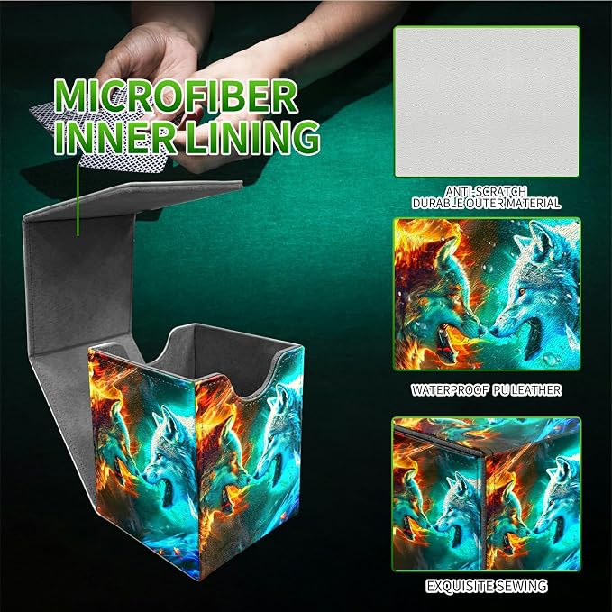 Deck Box for MTG, Cards Storage Box Fits 120+ Sleeved, Leather Medium Size Strong Magnetic Closing Card Case for Board Games Magic TCG CCG Baseball Collection, Two Flaming Wolves