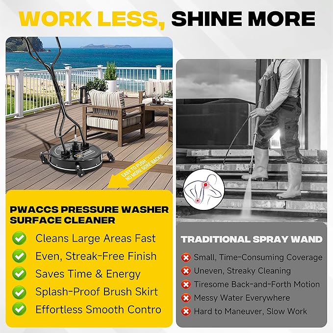 PWACCS 20" Pressure Washer Surface Cleaner, Power Washer Driveway Attachment with 4 Wheels and Dual Handle for Concrete, Patio, Sidewalk, and Deck, Black, 4500 PSI