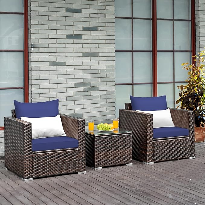 Tangkula 3 Pieces Patio Furniture Set, Outdoor Conversation Rattan Furniture Set w/Washable Cushion and Tempered Glass Tabletop, PE Rattan Wicker Sofa Set for Garden Poolside Balcony
