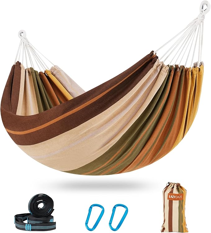 Lazy Daze Hammocks Extra Large Double Hammock, Portable Camping Hammock with Travel Bag & Tree Straps for Outdoor, Camping, Backyard, Patio, 550lbs Capacity, Brown & Khaki