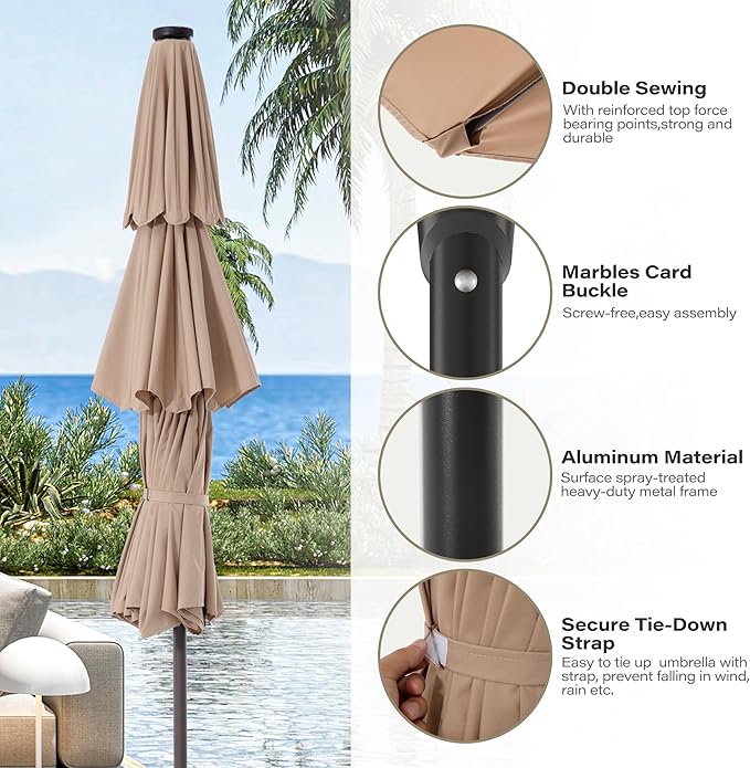 EO Living 10ft Patio Umbrella with Solar LED Lights,3-Tier Wind Resistant Outdoor Market Umbrella with Flexible 8 Ribs & Push Button Tilt, Solar Powered Umbrella for Deck, Poolside, Garden, Beige