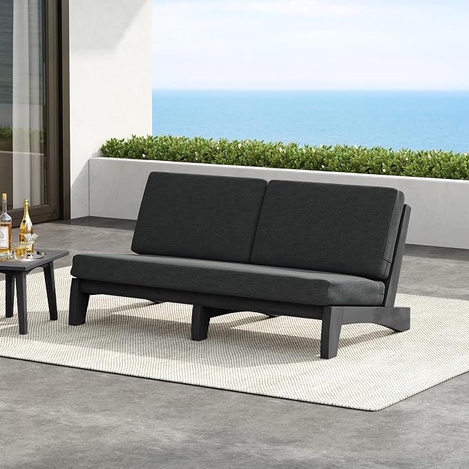 Outdoor Furniture Patio Couch, Weather Resistant 3-Seater Patio Sofa with Removable Cushion, Black Solid Wood Frame for Porch & Backyard Seating - Dark Gray