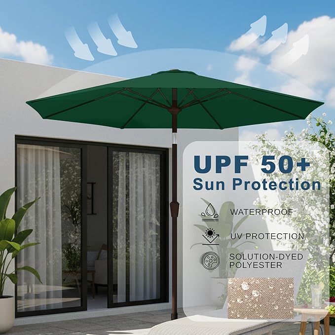 9ft Patio Umbrella with Push Button Tilt and Crank,Outdoor Market Table Umbrella UV Protection 8 Sturdy Ribs for Backyard,Garden,Pool,Deck(Dark Green)