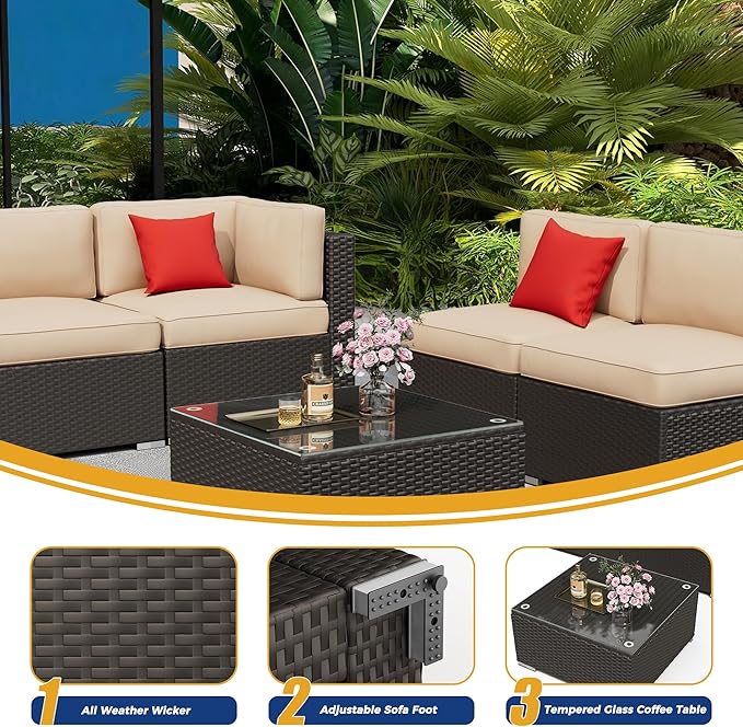 7 Pieces Outdoor Patio Furniture Set, Black Brown Wicker Patio Sectional Sofa Set, Outdoor Couch with Cushion and Tempered Glass Table, Brown