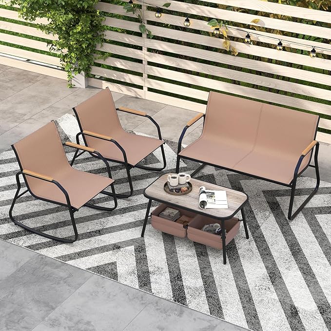 Tangkula 4 Pieces Patio Furniture Set with 2 Rocking Bistro Chairs, Outdoor Conversation Set with 2-Tier Coffee Table and Breathable Fabric Chairs for Porch, Garden, Lawn and Backyard (Brown)
