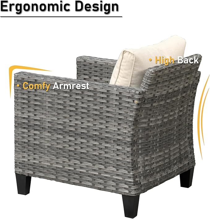 HOOOWOOO Wicker Patio Conversation Sets,7 Piece Outdoor Furniture Set with Ottoman,All Weather Resistant Modern Outside Out Door Rattan Couch Chairs Set,Beige