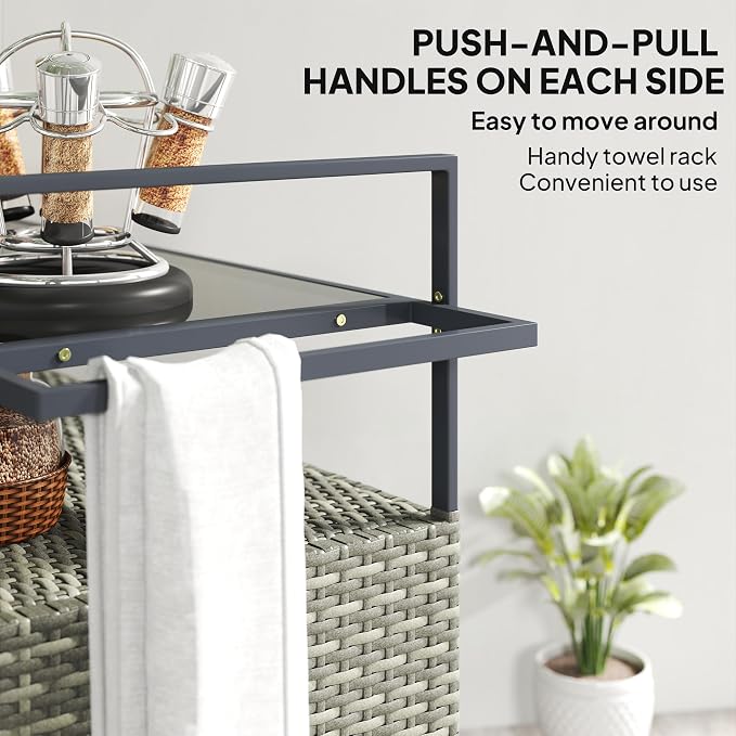 Outsunny PE Rattan Outdoor Storage Cabinet, Wicker Outdoor Bar Table Kitchen Island with Wheels & 2-Tier Shelf, Patio Serving Cart with Glass Top, Handles, Towel Racks for Poolside, Mixed Gray