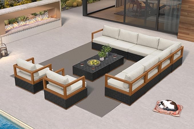 PURPLE LEAF Patio Outdoor Furniture Set 11 Pieces, Premium Leather Outdoor Couch Sectional Sofa, L-Shaped Patio Conversation Sets with Olefin Cushions, Patio Couch for Porch, Balcony, Garden, Black